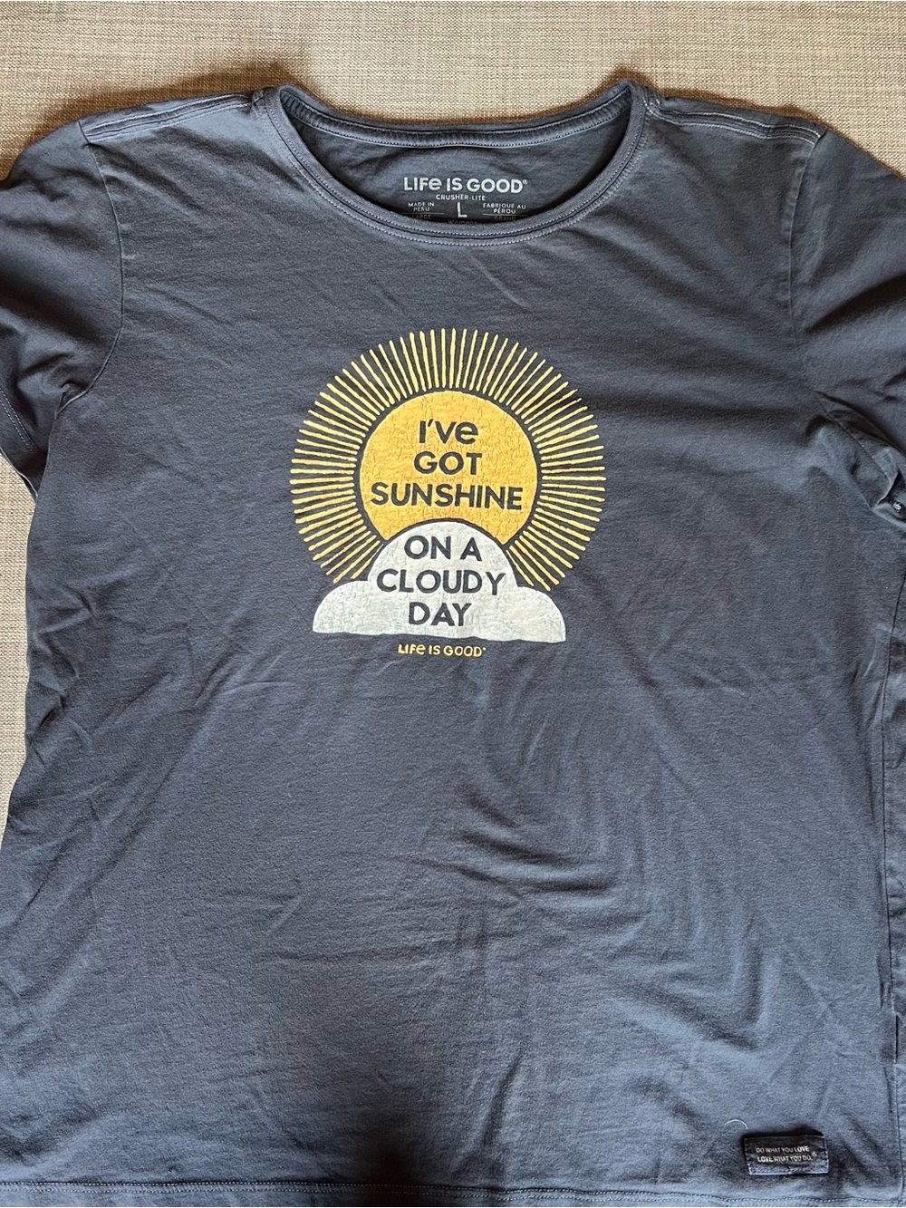 Life Is Good Navy Tee with Yellow Sun and White Cloud Graphic Short Sleeve L